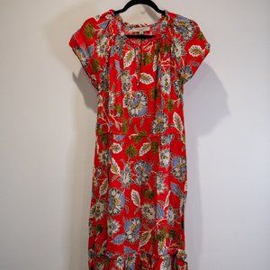 LOFT Floral Red Midi Length Dress with Ruffle, Size Large